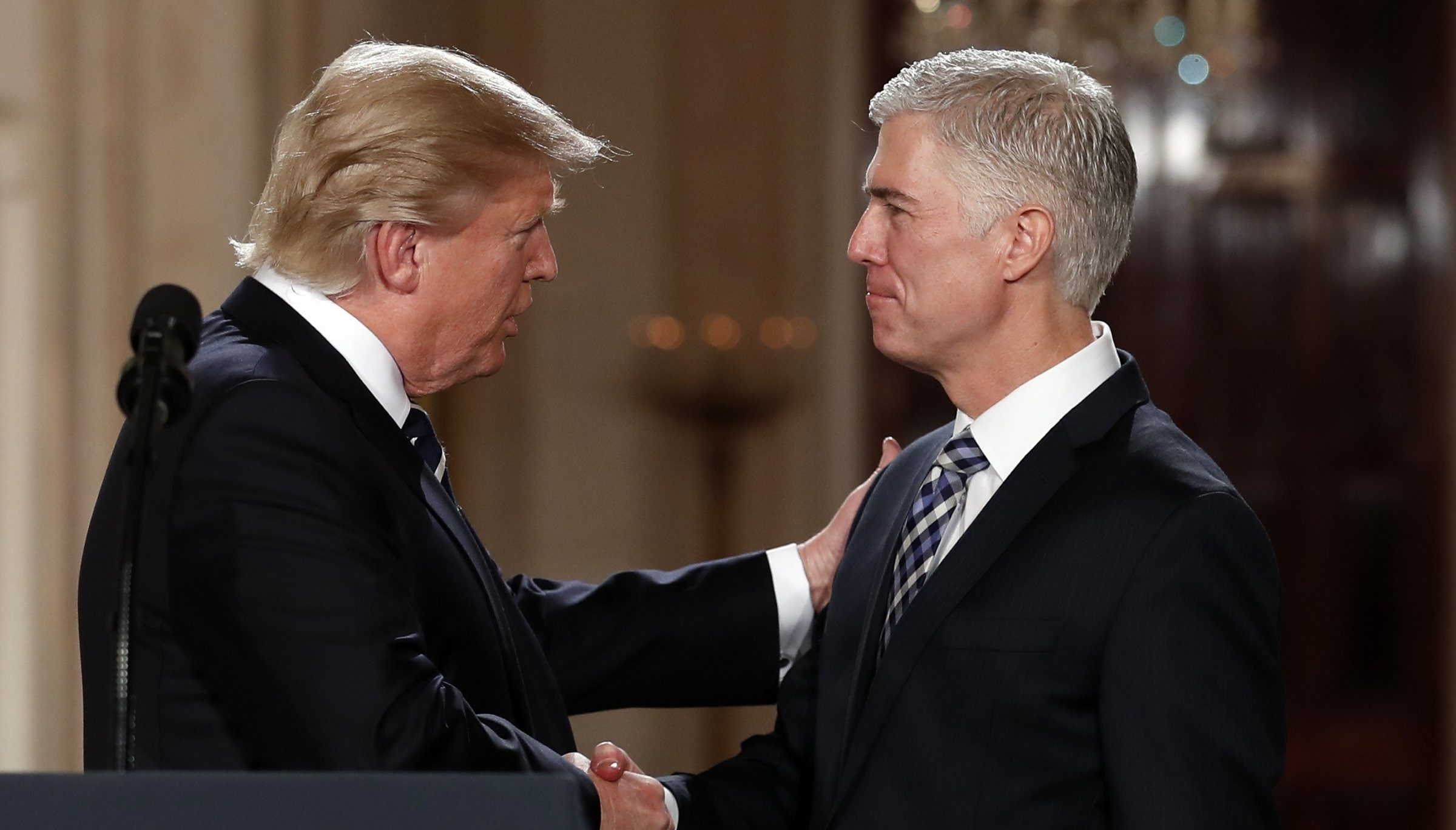 President Trump shaking hands with Judge Neil Gorsuch, his nominee to replace Justice Antonin Scalia on the Supreme Court, on January 31, 2017.